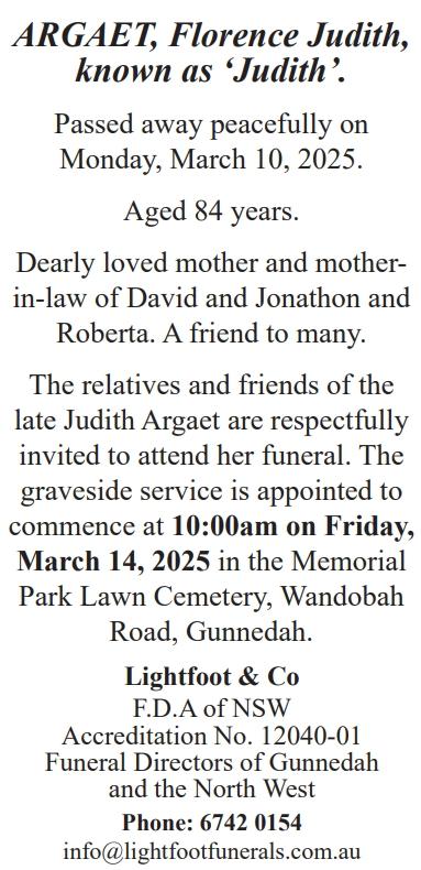 DEATH FUNERAL NOTICE Florence Judith Argaet